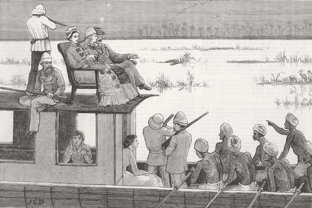 INDIA. Shooting alligators, way home from picnic 1879 old antique print